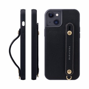 [HANATORA] iPhone 14 Plus ケース 本革 グリップケース エンボスレザー ストラップ付属 片手操作 スタンド機能 メンズ レディース ブラ