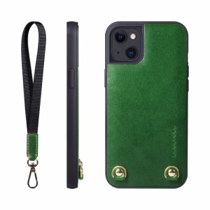 [HANATORA] iPhone ケース イタリアンレザー 本革 ダブルストラップホール ハンドストラップ付属 TGN-14Plus-Green グリーン iPhone 14 P