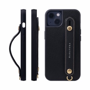 [HANATORA] iPhone 15 ケース 本革 グリップケース エンボスレザー ストラップ付属 片手操作 スタンド機能 メンズ レディース ブラック N