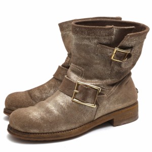 ○ジミーチュウ Jimmy Choo バイカーブーツ エンジニアブーツ 124YOUTH COARSE METALLIC LEATHER-GOL ヴィンテージ加工 レディース 中古