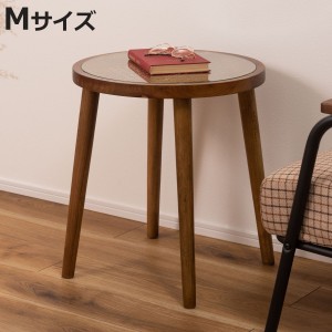 サイドテーブル Mサイズ 高さ50cm ラウンドガラステーブル （ ラタン ガラス 丸 天然木 木製 ナイトテーブル ミニテーブル ソファ ベッド