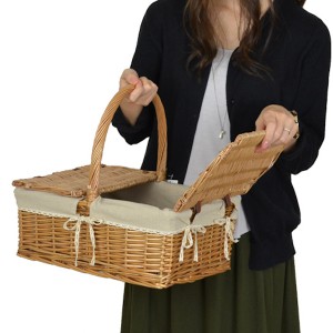 ピクニックバスケット かごバッグ 煮柳バスケット ふた付き 布付き （ カゴバッグ 天然素材 角型 かわいい インテリア雑貨 内布 編み ）