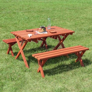 ガーデンテーブル 3点セット 杉材 BBQテーブル＆ベンチセット コンロスペース付 木製 （ テーブル ガーデンチェア ガーデン 庭 木 机 ベ