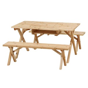 ガーデンテーブル BBQテーブル＆ベンチセット コンロスペース付 木製 （ テーブル ガーデンチェア ガーデン 庭 木 机 ベンチ バーベキュ