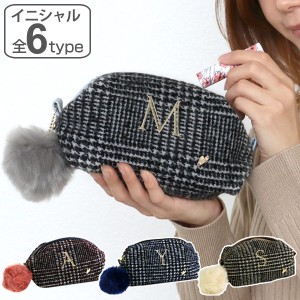 ポーチ Plaid イニシャル スクエアポーチ 化粧品 収納 （ コスメ メイク 小物入れ 化粧ポーチ 刺繍 千鳥格子 ファー チャーム 内布付き 