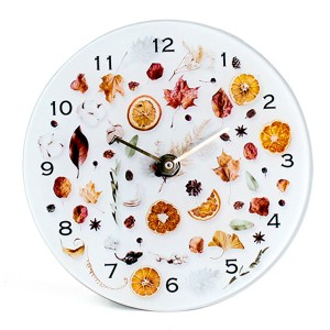 置時計 ブルームガラス オレンジ アナログ 北欧 時計 （ 置き時計 とけい テーブルクロック クロック インテリア 雑貨 ガラス 木の実 葉