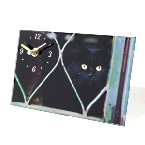 置き時計 ガラスアートピクチャー キャット A 時計 アナログ （ 置時計 とけい テーブルクロック クロック 雑貨 ガラス製 ねこ ネコ 二針