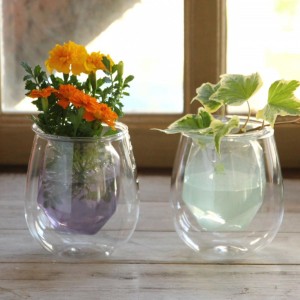 クォーツクリスタル フラワーベース ショート （ 花器 花びん 二重構造 ガラス 花 グリーン 卓上花瓶 二重 セパレート インテリア オブジ