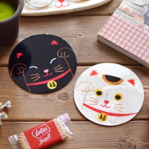 コースター 10cm カピスコースター 招き猫 ラウンド カピス貝 （ コップ敷き グラスマット 茶托 茶たく 丸型 シェル 貝殻 自然素材 グラ