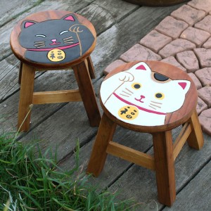 スツール 招き猫 木製 天然木 丸椅子 （ 丸 ウッドスツール 子ども 椅子 キッズ ミニチェア ミニスツール 完成品 小さい イス 玄関 リビ
