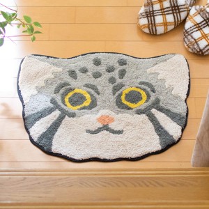 玄関マット 40×50cm 室内 マヌルフェイス （ 玄関 マット 屋内 アクセントマット 猫グッズ インド綿 かわいい マヌルネコ 猫 ネコ ねこ 