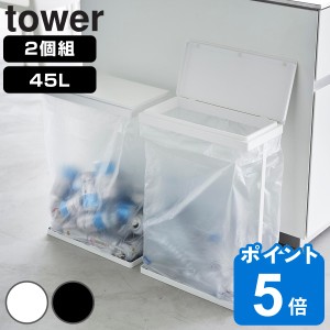 山崎実業 tower スリム蓋付き分別ゴミ袋ホルダー タワー 45L 横開き 2個組 （ タワーシリーズ ゴミ袋ホルダー スリム ふた付き 45リット