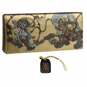 風神雷神 メンズ 長財布 ウォレット 和柄 和彫り 国宝 日本製 金運 根付 進呈 (金色)
