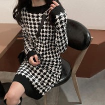 ワンピースレディース 千鳥格子 ラウンドネック レトロ ニット ハイウエスト Aラインスカート ひざ上 ショート丈 着痩せ 細身 ドレス エ