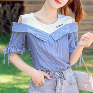 トップス レディース ブラウス 送料無料 個性的 春服 夏服 2色 五分袖 Uネック ラウンドネック 袖リボン 肩出し 細見え 重ね着風 ストラ