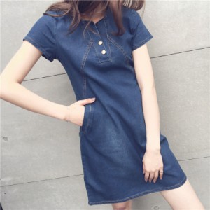 ワンピース レディース デニムワンピース 送料無料 個性的 夏服 2色 ミニ ショート 半袖 キーネック 襟なし Aライン ポケット ボタン 華