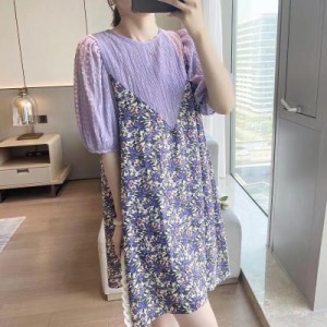 ワンピース レディース ワンピドレス 送料無料 個性的 春服 夏服 ミディアム お尻カバー 半袖 クルーネック 丸首 丸襟 シフォン 楽ちん 