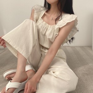 オールインワン ストレート ワイド サロペット 送料無料 個性的 春服 夏服 3色 フルレングス ノースリーブ フリル袖 スクエアネック 襟な