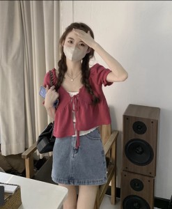 送料無料 個性的 夏 服 トップス カーディガン 上着 ショート 袖あり 半袖 バルーン袖 二の腕カバー Uネック ラウンドネック 襟なし フレ