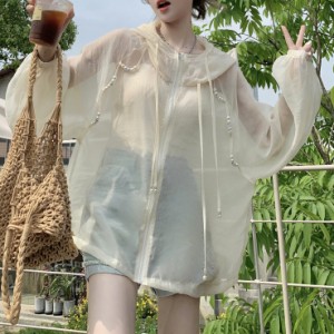 送料無料 個性的 春服 夏服 秋服 シアー素材 パーカー パール レディース トップス アウター フーディー ジャンパー 袖あり 長袖 インス