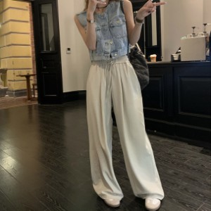 送料無料 個性的 春服 夏服 デニム クロップド ベスト セットアップ レディース トップス ボトムス パンツ ストレート ショート 袖なし 