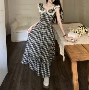 送料無料 個性的 春服 夏服 格子柄 ビッグカラー レディース ワンピース フレア ノースリーブ ミモレ ノースリーブ スクエアネック 大き