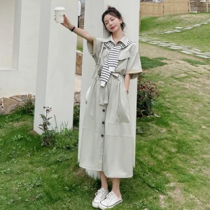 レディース ワンピース シャツワンピース フレアワンピース ロジスワンピ 送料無料 個性的 春服 夏服 ミモレ ロング 袖あり 五分袖 二の