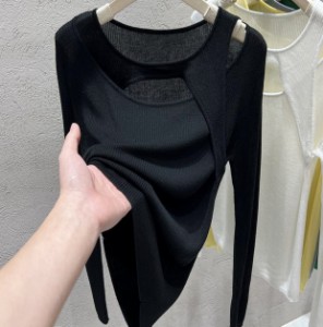 トップス レディース カットソー ニット プルオーバー チュニック 送料無料 個性的 春服 夏服 長袖 萌袖 袖あり オープンショルダー オフ