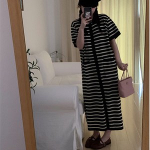 ワンピース レディース ボーダー ワンピ フロントボタン ロング 送料無料 個性的 春服 夏服 秋服 2色 半袖 SNS 映え 写真 映え モテ 流行