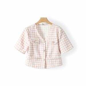 トップス アウター レディース サマー ジャケット 送料無料 個性的 春服 夏服 ショート 半袖 襟なし ゴールドボタン SNS 映え 写真 映え 