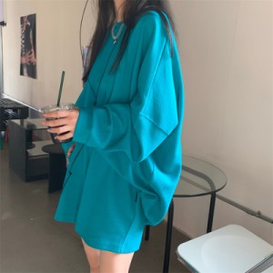 セットアップ レディース オーバーサイズ スウェット 部屋着 ショート 送料無料 個性的 春服 夏服 秋服 3色 長袖 ラウンドネック インス