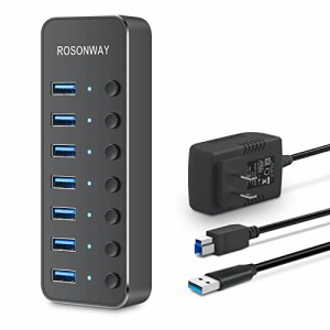 ROSONWAY USB ハブ 3.0 電源付き 7ポートUSB HUB アルミ製 5Gbps高速転送 セルフパワー USB3.0 ハブ 独立スイッチ付 5V/2A ACアダプタ付