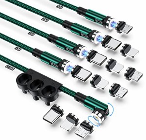 マグネット 充電ケーブル 【5本セット/0.5+1Mx2+2M+3M＆12コネクタ】 LEDライト内蔵 USBケーブル 3in1 充電器 マグネット 540°回転可能 