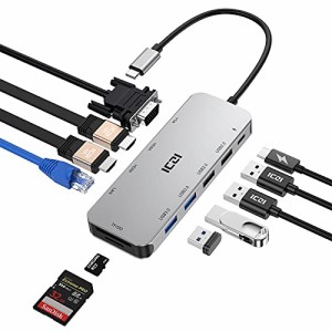 デュアルHDMI ICZI USB C ハブ 11-in-1 Type C ハブ トリプルディスプレイ4K 30Hz HDMI 1080P 60Hz VGA 5Gbps USB 3.0 / 2.0 100W PD対応