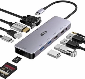 ICZI USB C ハブ 11-in-1 Type C ハブ デュアルディスプレイHDMI 4K VGA PD電力供給 100W LAN イーサネット 1Gbps USB 3.0 5Gbps USB 2.0