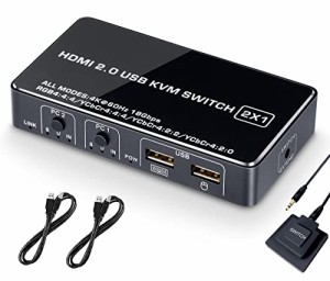 ELEVIEW KVMスイッチ パソコン切替器 (PC2台用) HDMI2.0 4K@60Hz対応｜モニター/キーボード/マウス(ワイヤレス可)を共有できる 2ポート 