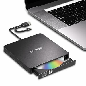 DETROVA DVDドライブ 外付け 外付けDVD/CDドライブ DVDレコ CD/DVD-Rプレイヤー USB3.0&Type-C両用ケーブル Window/Linux/Mac OS対応 読