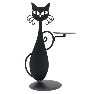 キャンドルスタンド 黒猫 透かしの瞳 長いヒゲとシッポ 円型トレイ 金属製