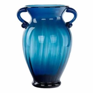 フラワーベース くびれ&持ち手付き レトロ風 ガラス製 (ブルー, 大きめサイズ)