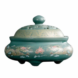 香炉 透かし模様の蓋つき アジアンテイスト 陶器製 (ドラゴン柄)