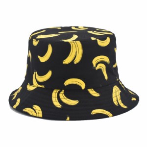 帽子 バケットハット バナナ柄 バナナがいっぱい 折りたたみ可 (ブラック)