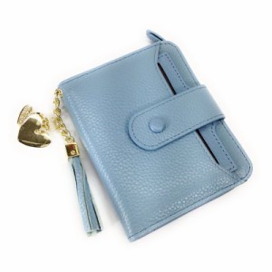 【訳あり】財布 二つ折り ガーリー系 タッセル ハートのチャーム カードケース付き (ライトブルー)