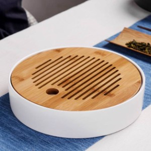 【訳あり】茶盤 中国茶道具 モダン シンプル 竹 陶磁器製 丸型 (ホワイト)