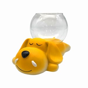 【訳あり】フラワーベース 花瓶 丸型 ガラス製 寝そべる動物のスタンド (イヌ×イエロー)
