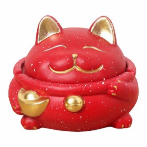 【訳あり】灰皿 金色の器を持ったネコ コロンとした体型 スマイル 蓋付き (赤)