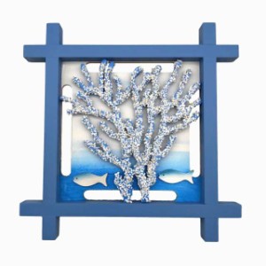 【訳あり】壁掛けオブジェ マリン風デザイン 爽やか ライトブルーの木枠 (サンゴ)