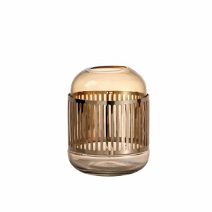 【訳あり】フラワーベース 円柱形 クリアガラス ゴールドのストライプ透かしデザイン (琥珀色×Sサイズ)