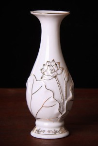 花瓶 フラワーベース 徳利型 蓮の花 ゴールド×ホワイト 光沢あり (小)