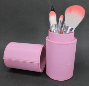 メイクブラシ 化粧筆 7本セット レザー風 筒型ホルダーケース付き ピンク