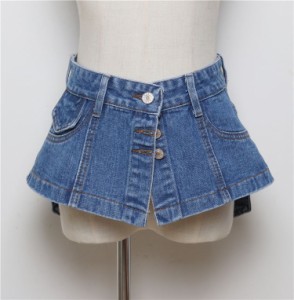 サッシュベルト デニム ミニスカート風 3ボタン 後ろポケット風装飾 (Lサイズ)